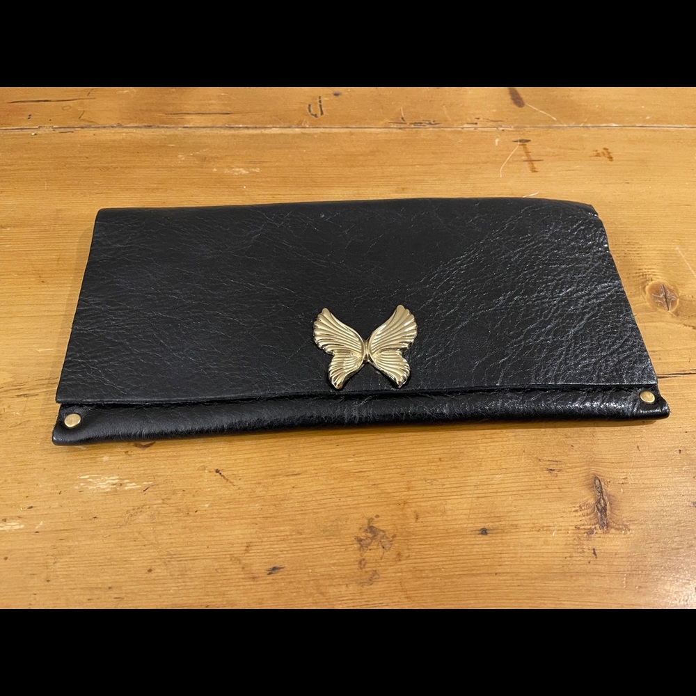 Moss Mills Black Leather Butterfly Clasp Clutch